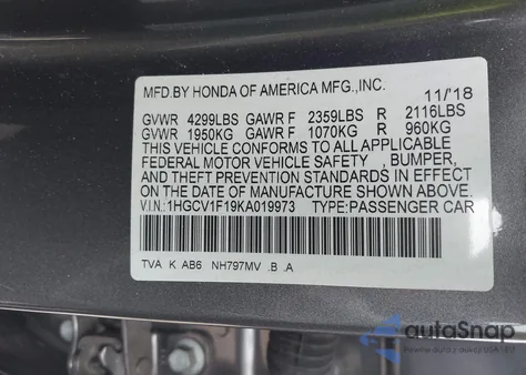 2019 Honda Accord Lx from USA, damaged, VIN 1HGCV1F19KA019973